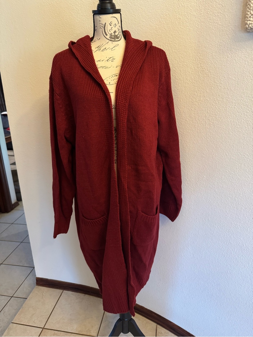 Long Open-Front Hooded Cardigan Jacket - Burgundy